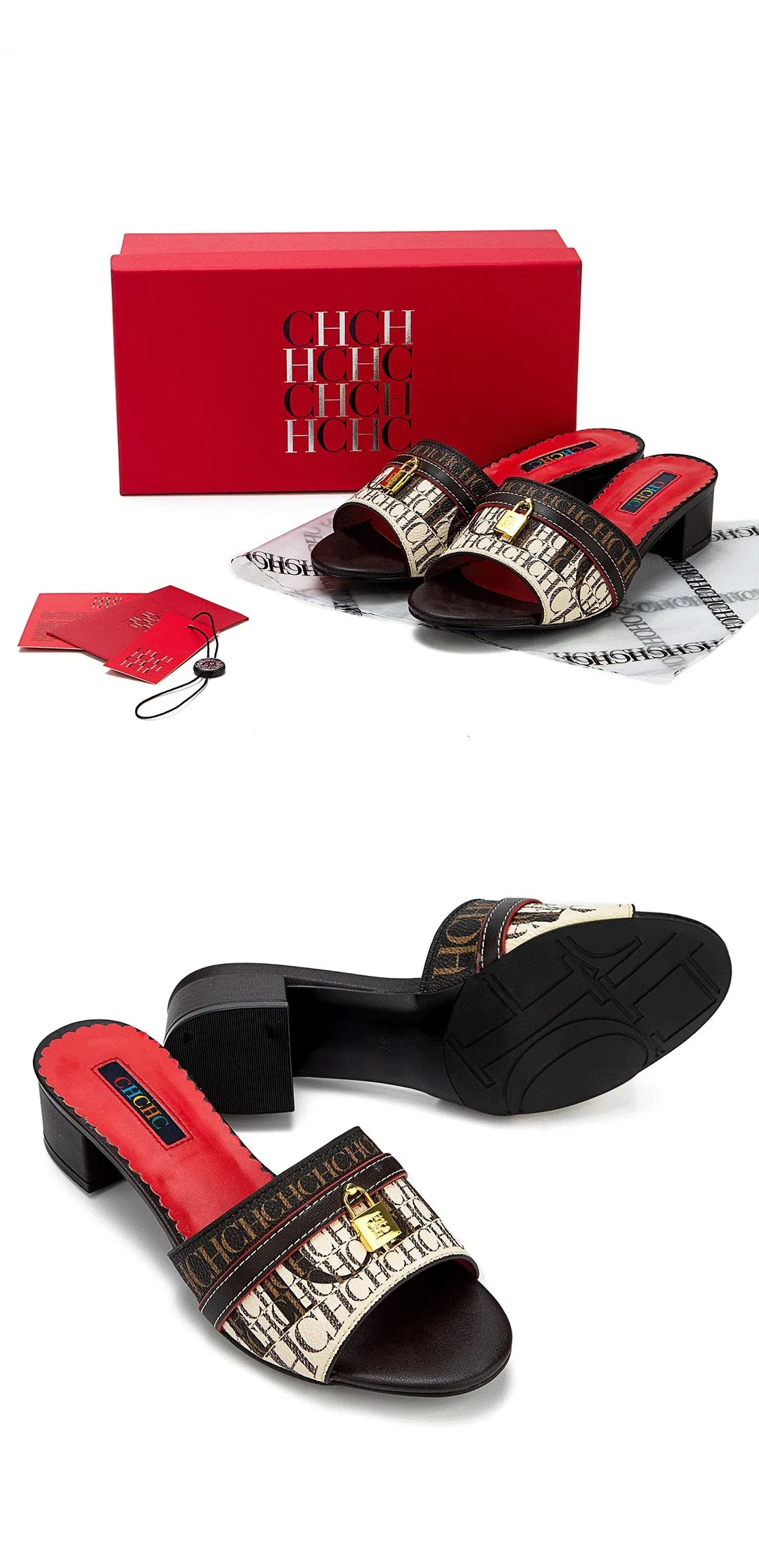 Fashionable High Quality Metal Lock Monogram Print Women's Low Heeled Slippers Temperament Versatile Women's Slippers