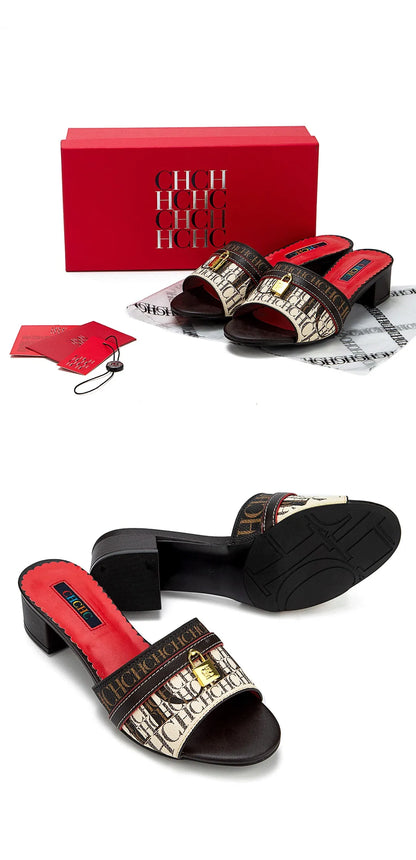 Fashionable High Quality Metal Lock Monogram Print Women's Low Heeled Slippers Temperament Versatile Women's Slippers