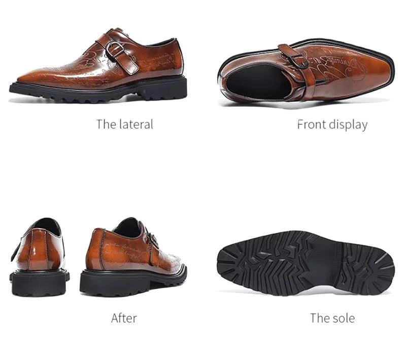 High-end Square-toe Slip-on Buckle Strap Leather Shoes Men Italian Formal Shoes Laser Engraved Letters Design Wedding Shoes Man