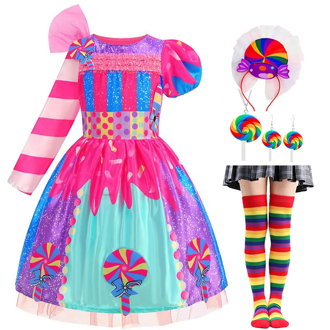 Girls Candy Fairy Lollipop Cosplay Costume Toddler Carnival Purim Rainbow Vestidos Girls Birthday Party Long Short Sleeves Dress