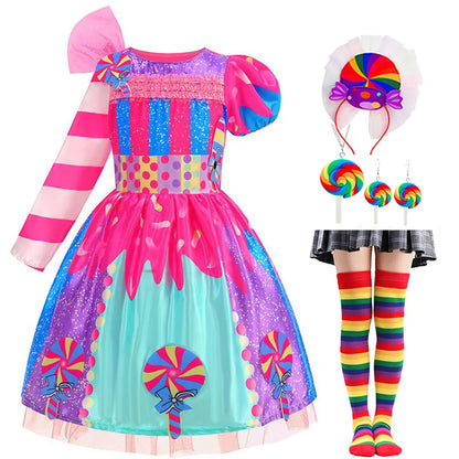 Girls Candy Fairy Lollipop Cosplay Costume Toddler Carnival Purim Rainbow Vestidos Girls Birthday Party Long Short Sleeves Dress
