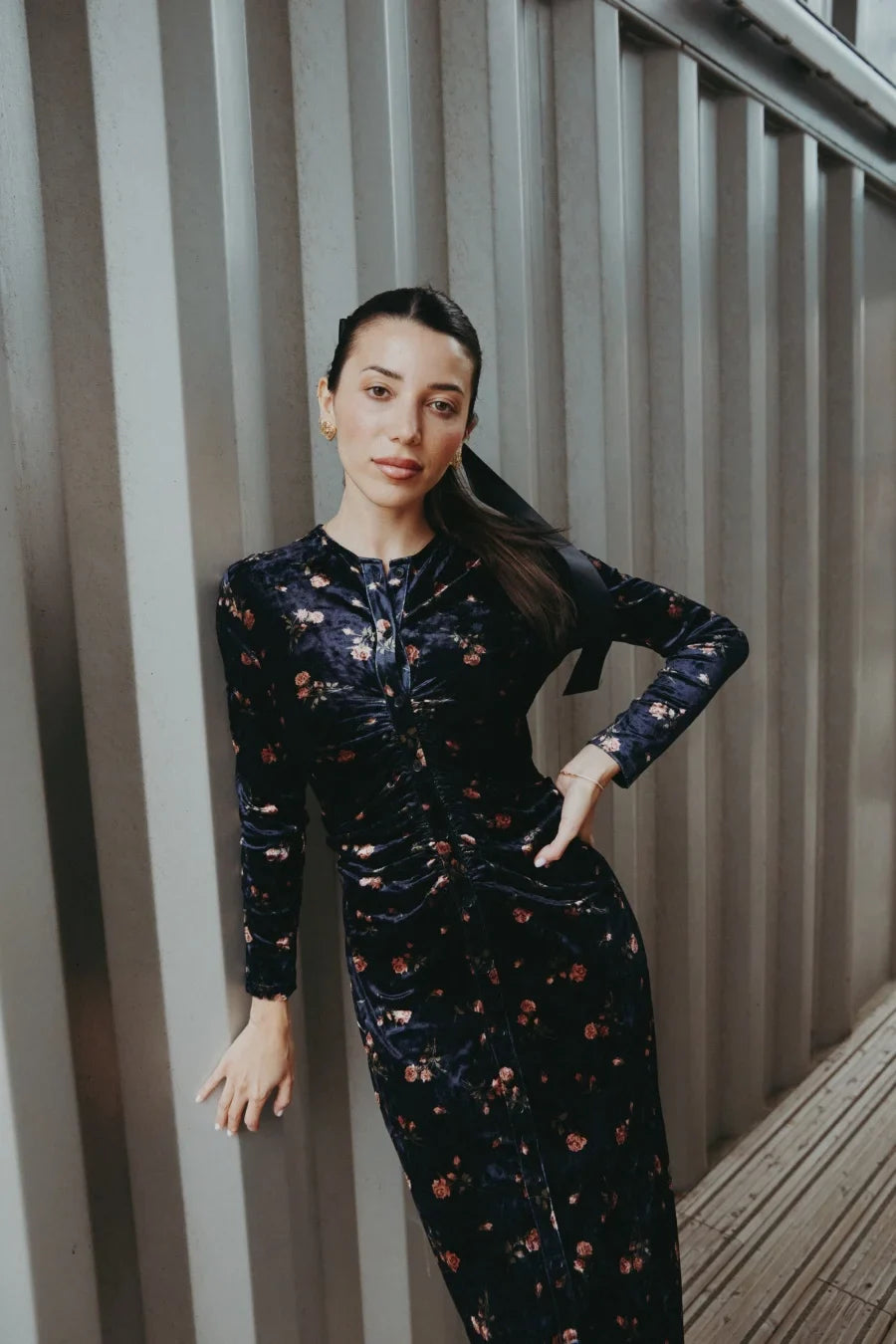 velvet print shirring woman dress elegance lady dressy wear