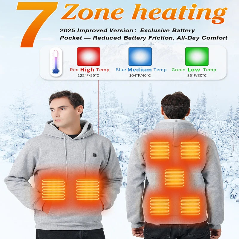 New Intelligent USB Heating Hoodie for Men Women Winter 7 Areas Coral Fleece Hooded Heated Clothes Outdoor Thermal Sportswear