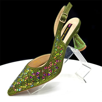 Elegant Champagne Color Pointed-Toe Italian Women's High-Heeled Shoe and Bag Set with Full Diamond Design for Parties