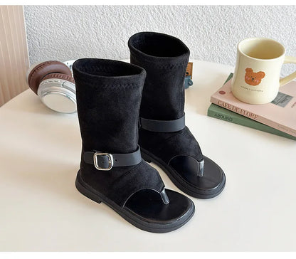 Summer Princess Long Pipe Boots Roman Sandals for Kids Girl Brand Design Ankle Strape Stretch-Satin Flip Flop Girls Shoes I06242