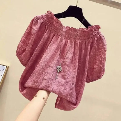Black casual slash neck puff sleeve chiffon pullover women's blouse shirt female clothing tops fashion short blouses 2025