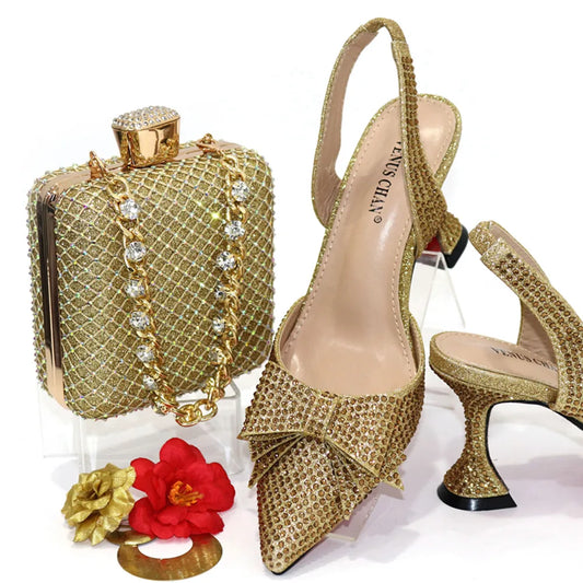 Gold 2024 Heels for Women Pointed Toe With Bows Gold Color Rhinestone  Elegant Party Wedding Shoe and Bag Set