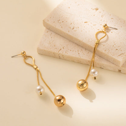 Pearl Long Tassel Drop Dangle Earrings for Women Luxury Gold Color Stainless Steel Ball Stud Jewelry
