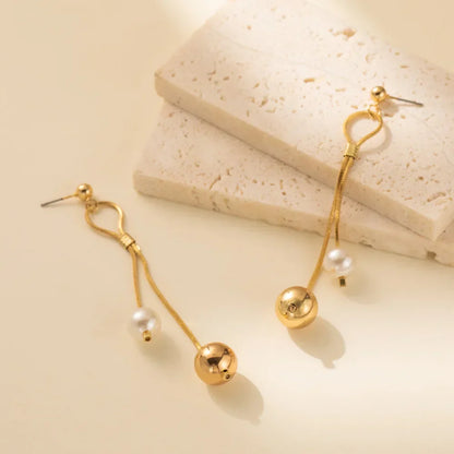 Pearl Long Tassel Drop Dangle Earrings for Women Luxury Gold Color Stainless Steel Ball Stud Jewelry