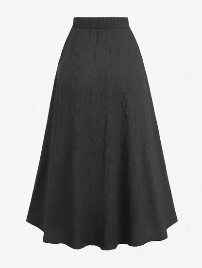 Plus Size Women Casual Skirts Black Elastic Wais Textured Strap Buckle Grommet A Line Skirt With Pocket