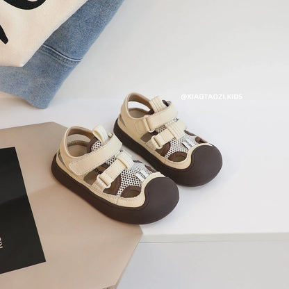 Children Sports Sandals Versatile Kids Causal Cut-outs Sandals Summer Fashion Boys Girls Patchwork Mesh Beach Shoes Black Beige
