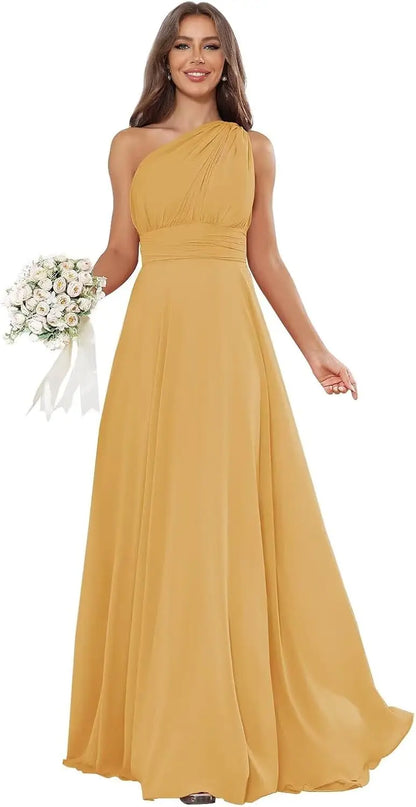Vestidos de Daminha de Um Ombro para Mulheres Vestido de Noite Formal Longo de Chiffon Plissado Vestidos de Madrinha para Casamentos