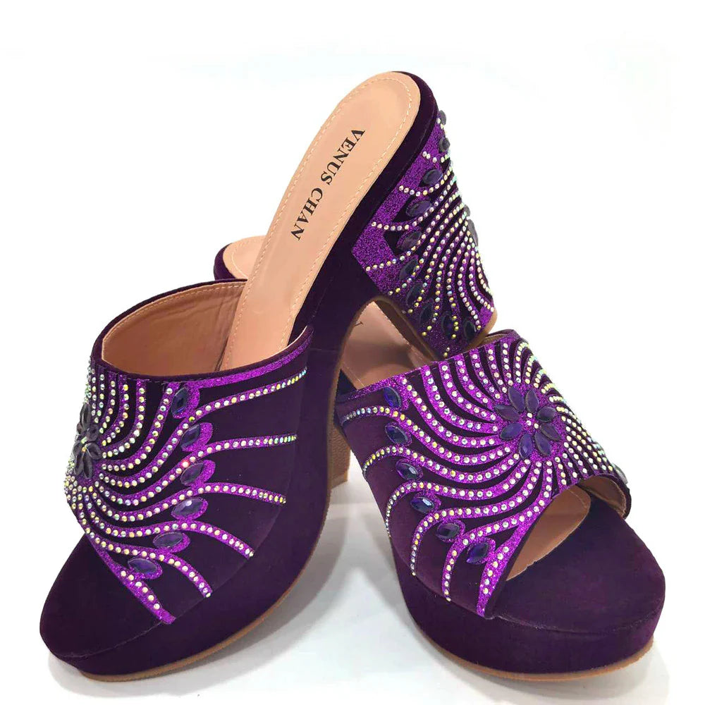 The Latest Italian Design Rotary Rhine-Diamond Floral Thick Heel Platform Women's Comfortable Shoes Bag and Shoe Set