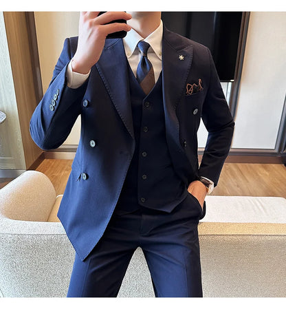 (Jackets+Pants) Luxury Double Breasted Design Slim Fit Suit High Quality Fashion Men's Wedding Social Suit Tuxedo 2 Piece Set