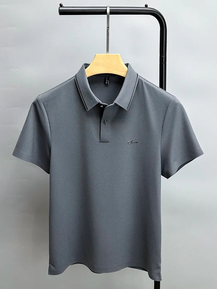 Luxury summer new ice silk breathable polo shirt men's short sleeve high-end exquisite letter embroidery casual lapel T-shirt