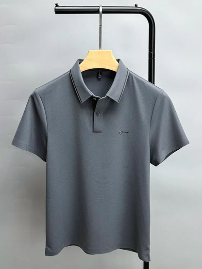 Luxury summer new ice silk breathable polo shirt men's short sleeve high-end exquisite letter embroidery casual lapel T-shirt