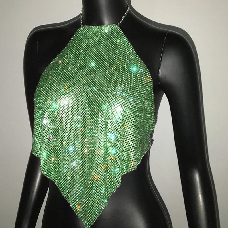 Fashion Summer Backless Tank Top Women Shiny Rhinestone Metal Sequins Halter Neck Camisole Rave Festival Party Crop Tops