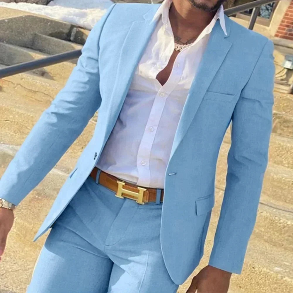 Ternos Masculinos Azul-Celeste2 Peças Traje Homme Verão Praia Lapela Padrinhos Ternos Cor Sólida Masculino Casamento Formatura Ternos Jaqueta+Calça