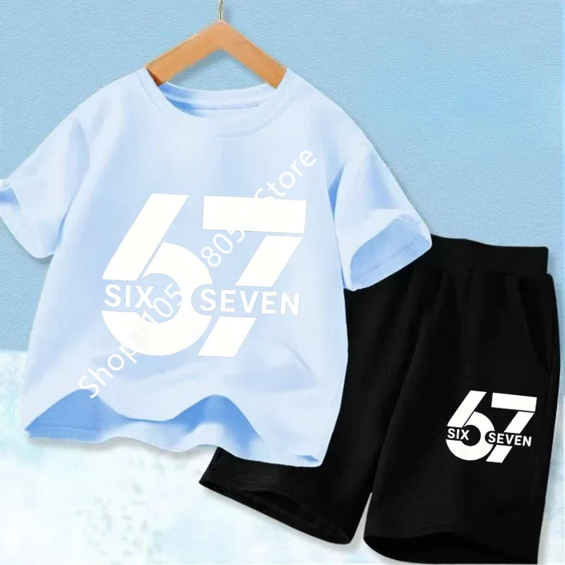 New 67 Number Six Seven Print Kids Cool Summer T-shirt 3-12Yrs Clothes Cartoon Short-sleeved+Shorts Boys Girls Sports Casual Set