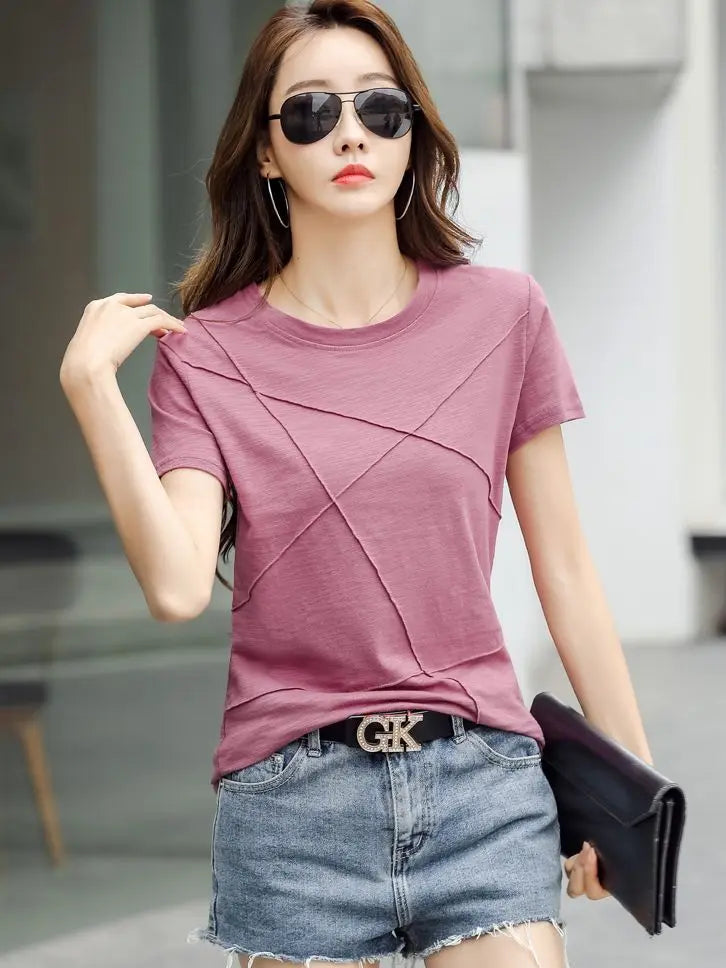 Summer Slim Cotton Bamboo T-Shirts Women 2026 O-Neck Short Sleeve Ribbed Tshirts Female Casual Solid Color Tops
