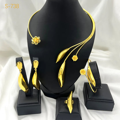 Elegant Dubai 24K Gold Plated Necklace Earrings Fashion New Design Trendy Jewelry Sets for Women Party Gift Wedding Accessories