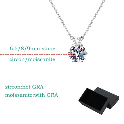 1-3CT Solitaire Moissanite Lab Diamond Necklace for Women Classic 6 Claws Sparkling Pendant 100% 925 Sterling Silver