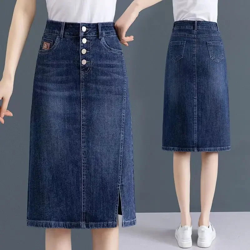 Chubby High Waist Female Jeans Skirts Blue Women's Denim Skirt with Pocket Midi To Knees Length 2025 Trend New in Y2k Vintage V