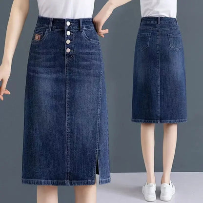 Chubby High Waist Female Jeans Skirts Blue Women's Denim Skirt with Pocket Midi To Knees Length 2025 Trend New in Y2k Vintage V