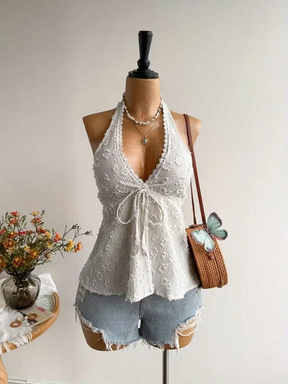 Ladies' Summer V-neck Lace Neck Strap Off Shoulder Leisure Vacation Easter Beach Wear Music Festival Top