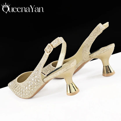 Italian Design Rhinestone Luxury Green Colour Pointed Toe Shoe & Bag Set Women's High Heels for Parties High Quality