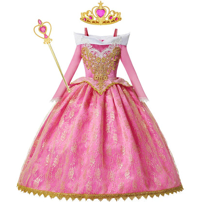 Girls Princess Dress Sleeping Beauty Aurora Cosplay Costume 2025 Kids Carnival Birthday Party Pink  Long Sleeve  Evening Dresses