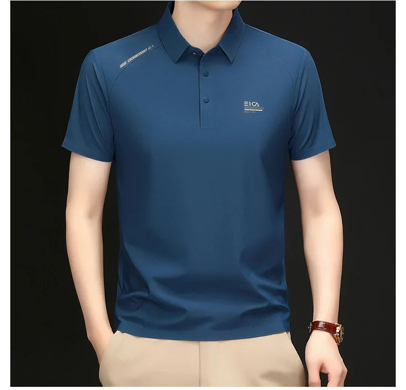 High quality ice silk short sleeve polo shirt cool breathable fashion brand letter printed summer casual men's lapel T-shirt