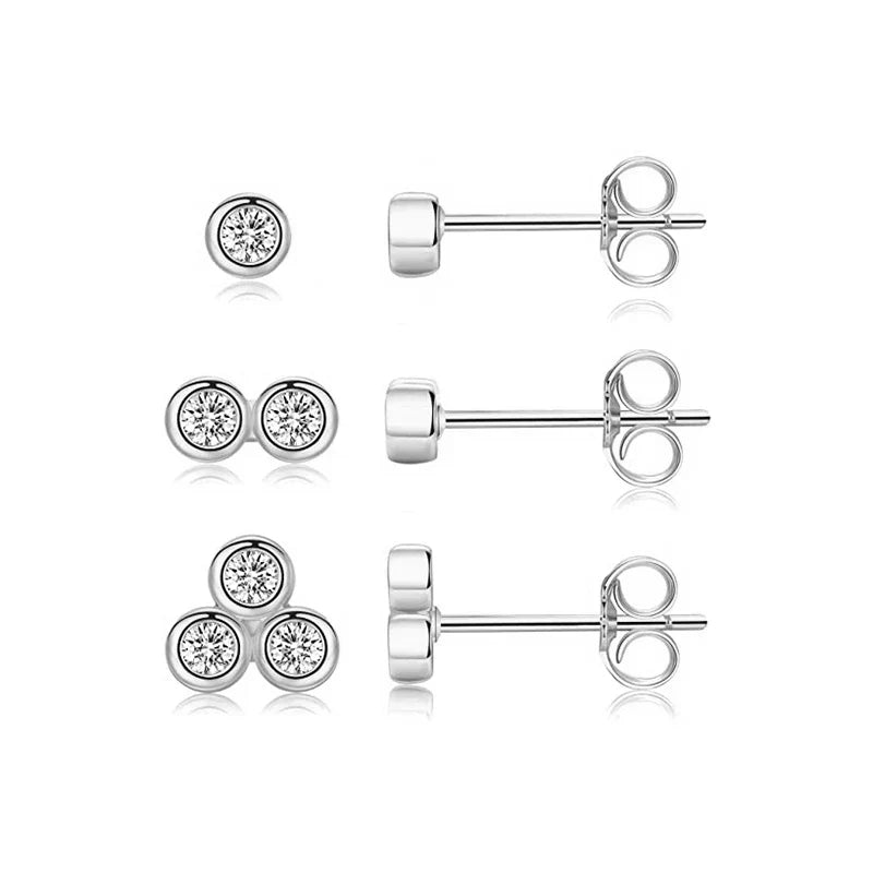3pcs/set Bling Zircon Earring 925 Sterling Silver Cute Mini Heart Star Stud Earrings Ear Bone Earlobe Piercing Jewerly