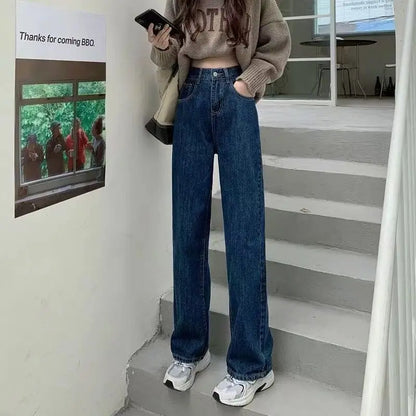 Vintage Autumn Spring Fashion Female Solid High Waist Jeans