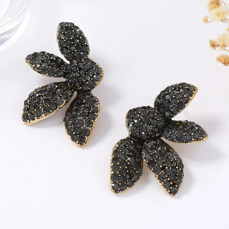 Vintage Gothic Black Rhinestone Flower Earrings for Women Fashion Holiday Party Jewelry Gifts New