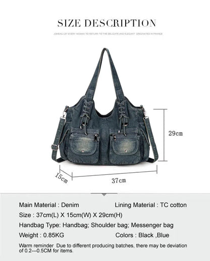 Women's Denim Bag Y2K Vintage Blue Jean Purse and Handbags Crossbody Shoulder Wallet Large Capacity