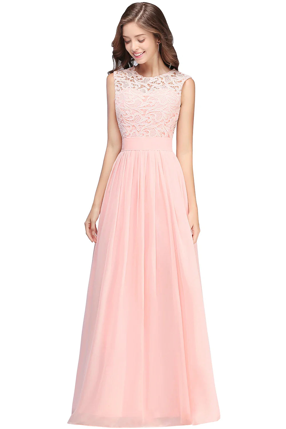 Floor Length Lace Chiffon Prom Gowns For Party Sweetheart Neckline Long A Line Bridesmaid Dress Pink Maid Of Honor Dress