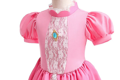 Fantasia de Princesa Pêssego com Luz LED Colorida para Aniversário de Criança Jogo de Roleplay Vestido de Menina para Halloween Festival Rosa Renda 2-9 Anos C