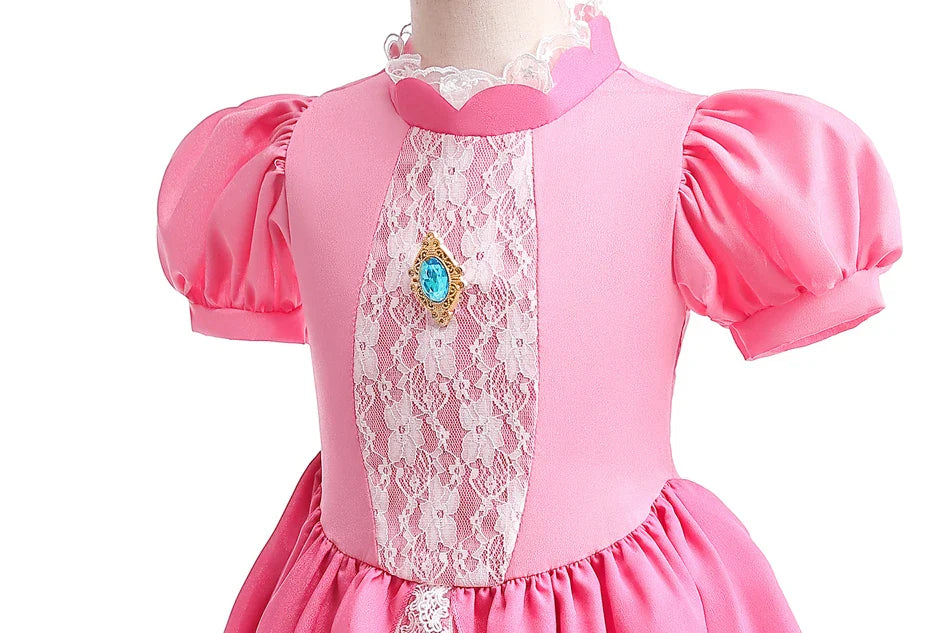 Fantasia de Princesa Pêssego com Luz LED Colorida para Aniversário de Criança Jogo de Roleplay Vestido de Menina para Halloween Festival Rosa Renda 2-9 Anos C