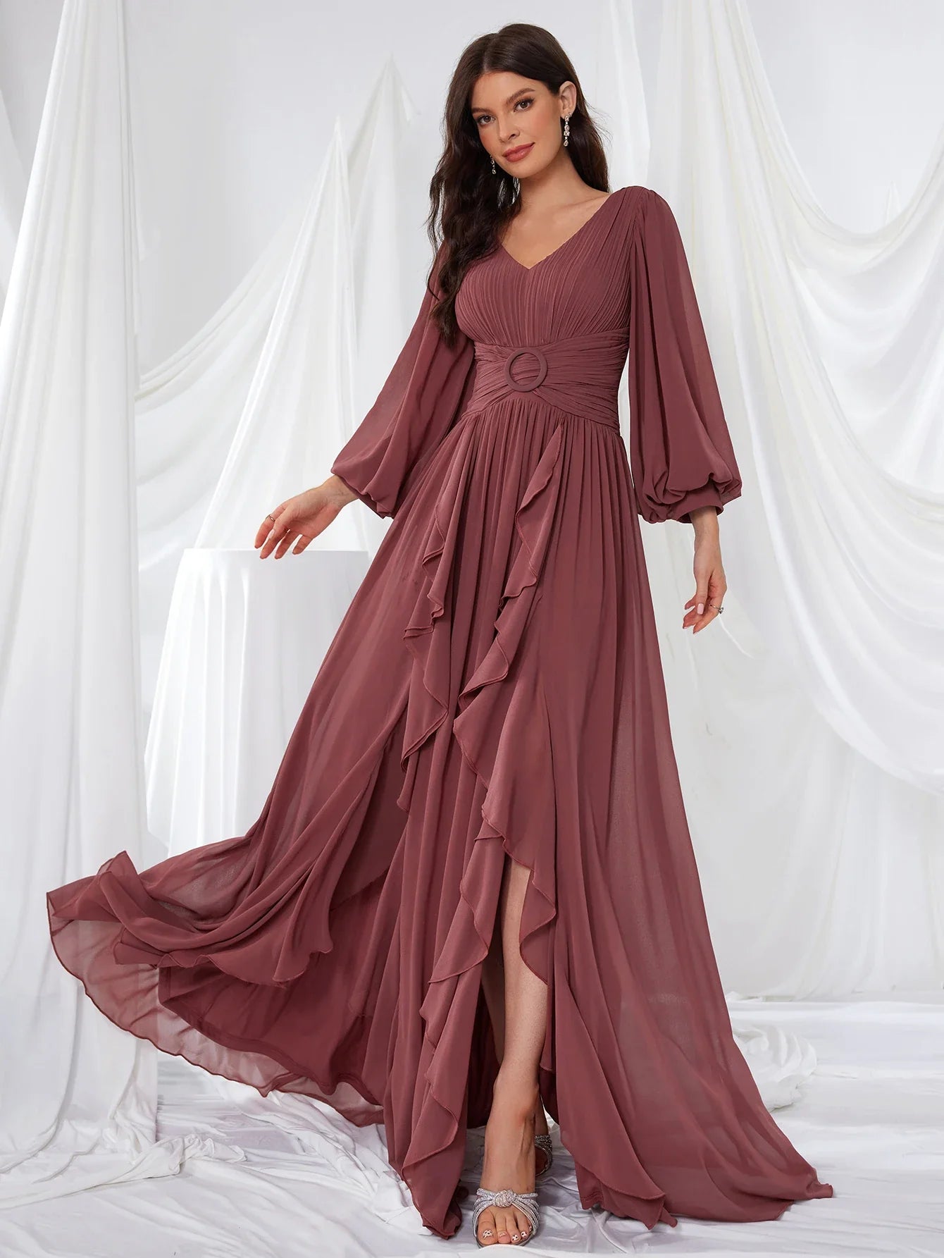 Women's V-Neck Long Sleeve Chiffon Dress Split Bridal Maids Maxi Gown