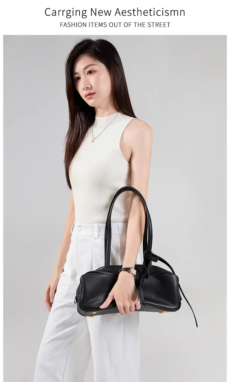 High version genuine leather pillow bag for women 2025 new all-match large capacity first layer cowhide bowling bag for women