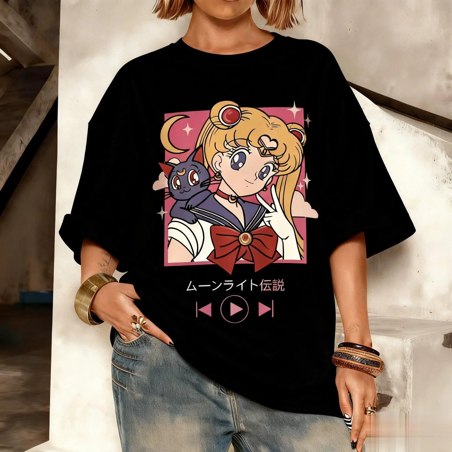 Camiseta Oversized Streetwear Kawaii Sailor Moon Gráfica Masculina Feminina Estampa Anime Manga Curta Verão Casual Roupa Y2k