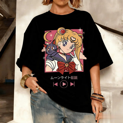 Camiseta Oversized Streetwear Kawaii Sailor Moon Gráfica Masculina Feminina Estampa Anime Manga Curta Verão Casual Roupa Y2k