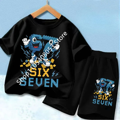 New 67 Number Six Seven Print Kids Cool Summer T-shirt 3-12Yrs Clothes Cartoon Short-sleeved+Shorts Boys Girls Sports Casual Set