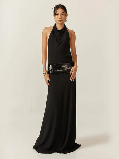 Backless Fashion Dresses Elegant Halter Patchwork Draped Maxi Bodycon Female Solid Simple Evening Party Frock New
