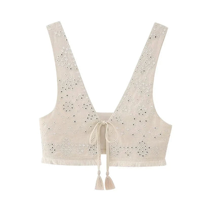 Women Fashion With Tie Tassel Embroidered Crop Tank Tops Sexy V Neck Wide Straps Female Waistcoat Chic Vest Tops