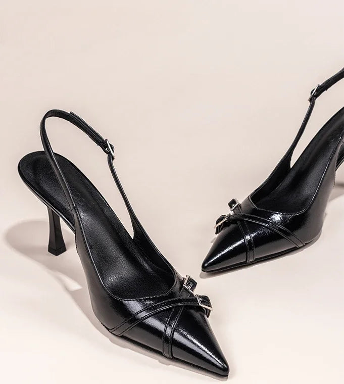 Sapatos de Salto Agulha Elegantes com Fivela, Bico Fino, Boca Rasa, para o Verão, Sapatos Femininos Pretos NO:602