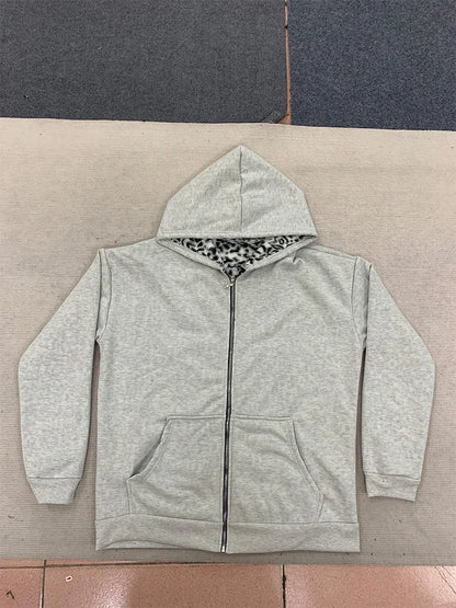 Autumn/Winter Leopard Grey Double sided Zipper Hoodie Men's Casual High Street Warmth Hoodie men's autumn clothing  2025 new