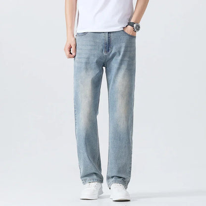 Summer Thin Straight Jeans Men's Clothing Soft Breathable Trousers Male Brand Comfortable Business Loose Denim Pants