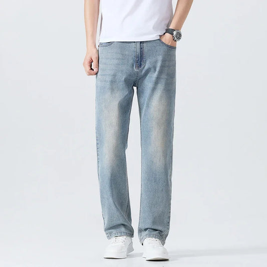 Summer Thin Straight Jeans Men's Clothing Soft Breathable Trousers Male Brand Comfortable Business Loose Denim Pants